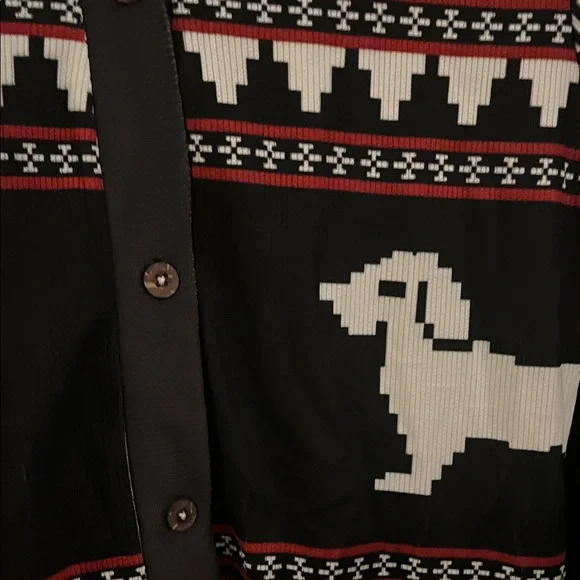 Black Red Patterned Men's Sweater holiday button up puppy vintage ugly Christmas - Picture 2 of 5